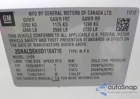 2013 Chevrolet Equinox 1Lt z USA, uszkodzony, nr VIN 2GNALDEK8D1184716